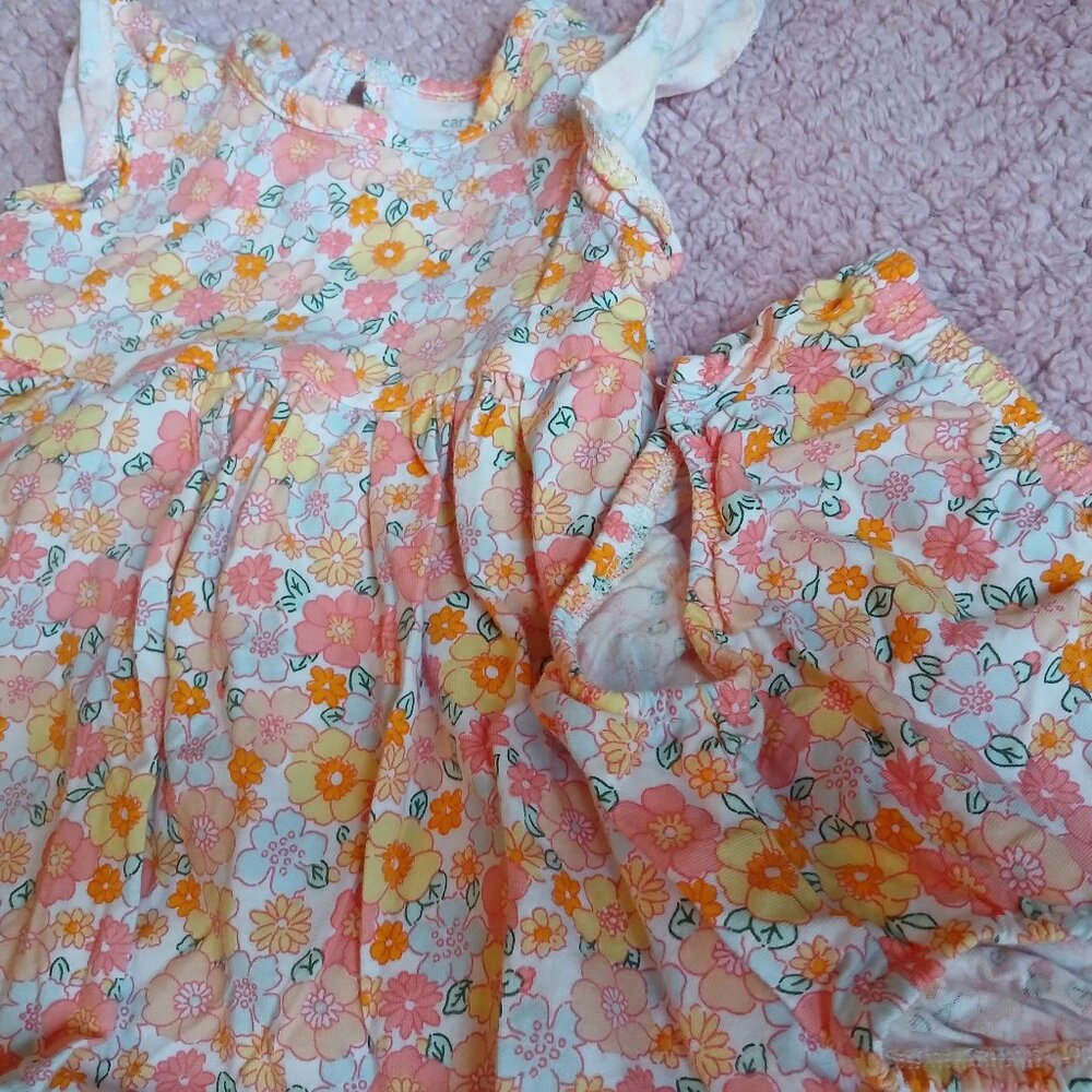 Casual dress with bottom pink,orange and yellow floral pattern 6months girl